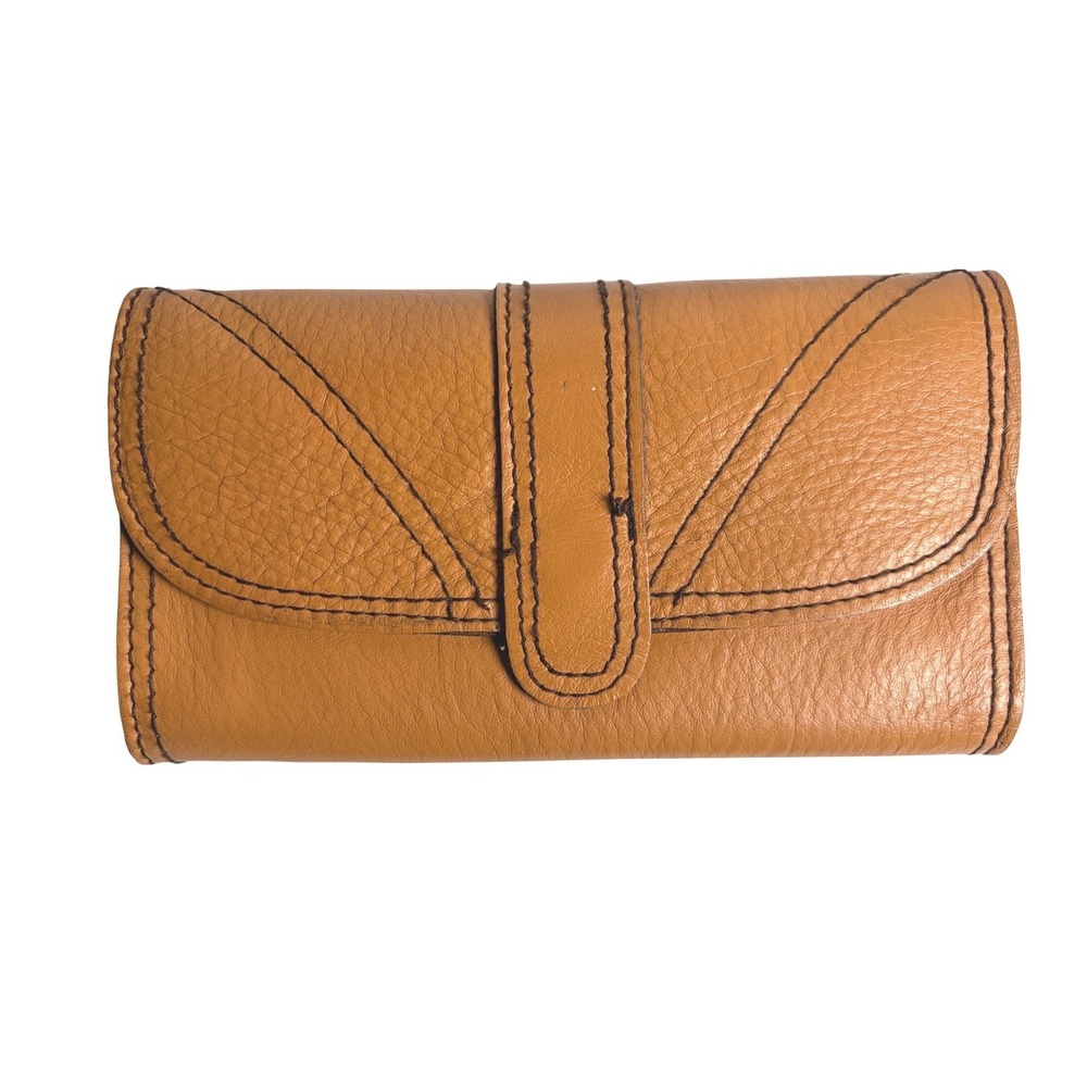 Vintage 70s Tan Genuine Leather Wallet Clutch Boho Western Pebble Grain Tan